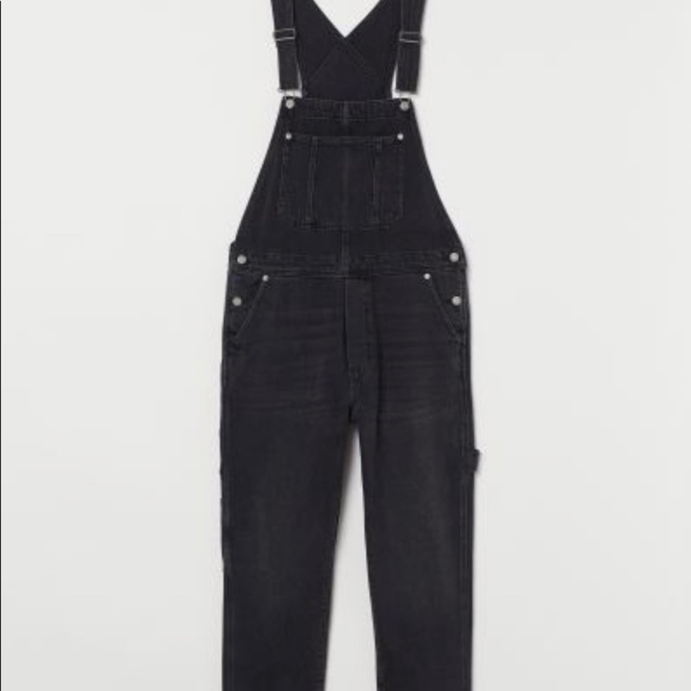 Free People Black Denim Straight Leg Overalls